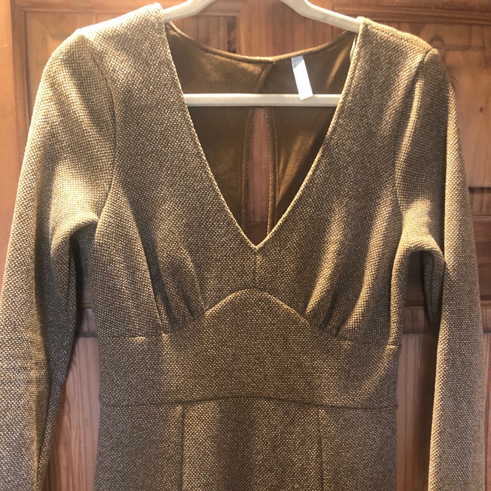 FREE PEOPLE V Neck Textured Skater Fit Flare Long Sleeve Mustard Brown Dress Med